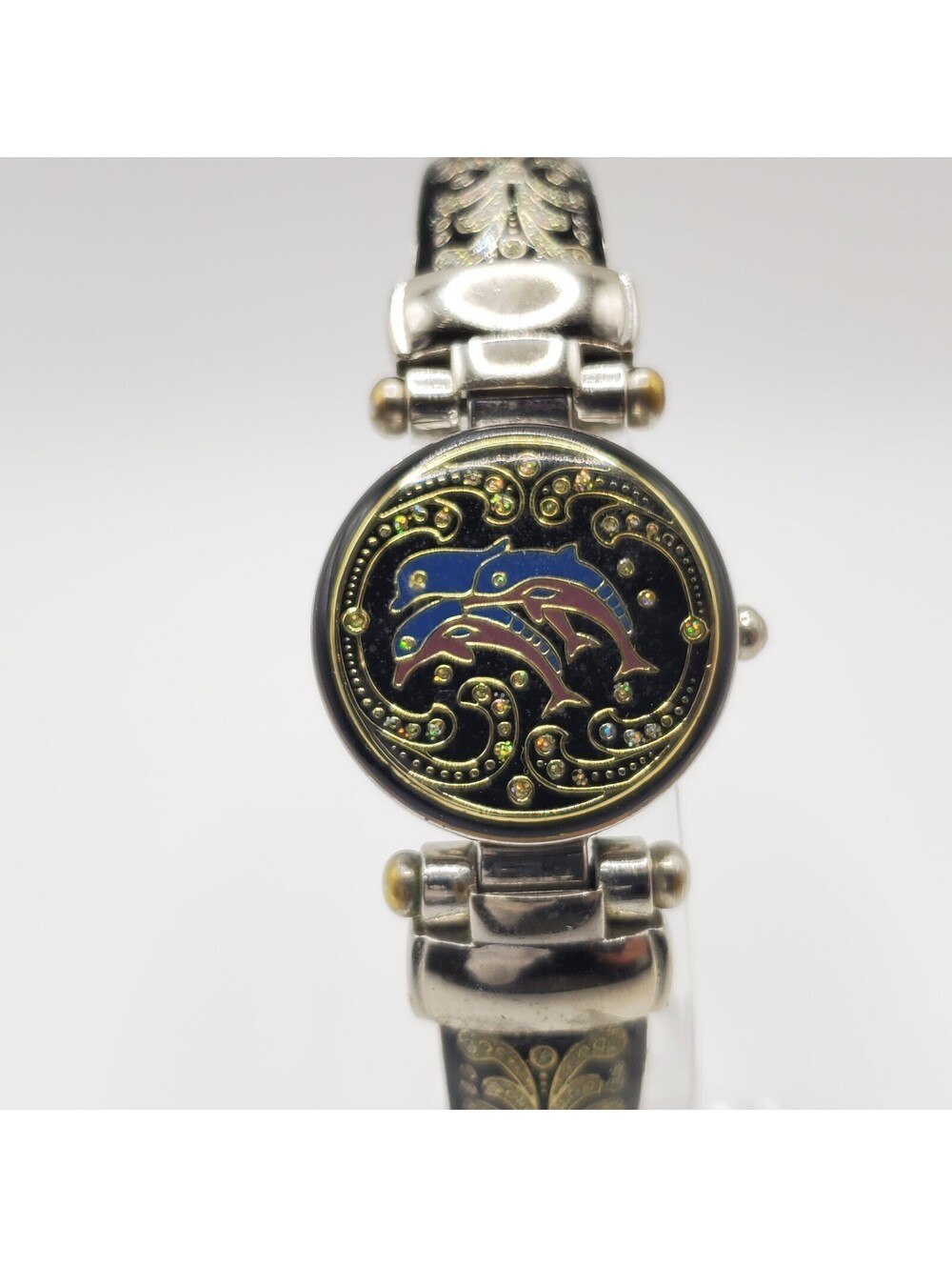 Vivani Ladies Quartz Watch 28mm Enamel Dolphins Cuff Bracelet New Battery